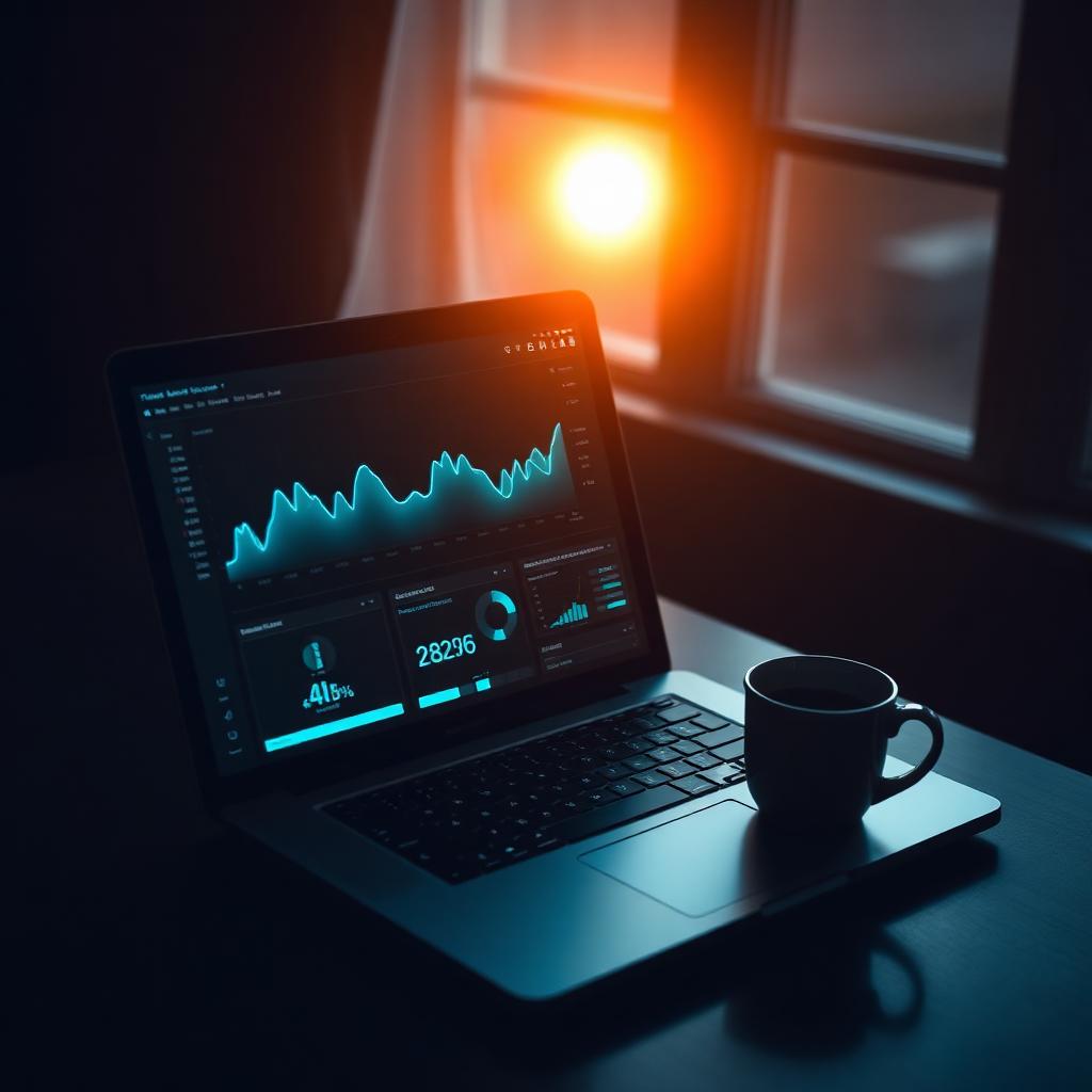 Dark morning dashboard on a laptop with cyan chart glow