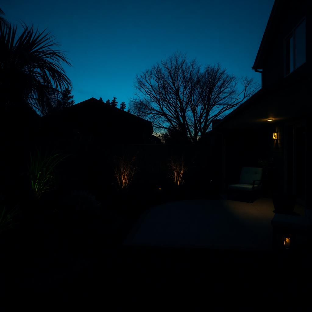 Landscaped backyard at dusk with subtle lighting