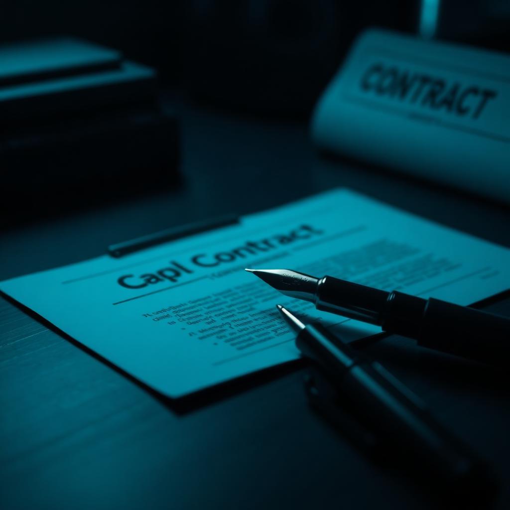 Dark cinematic legal contract and pen on desk