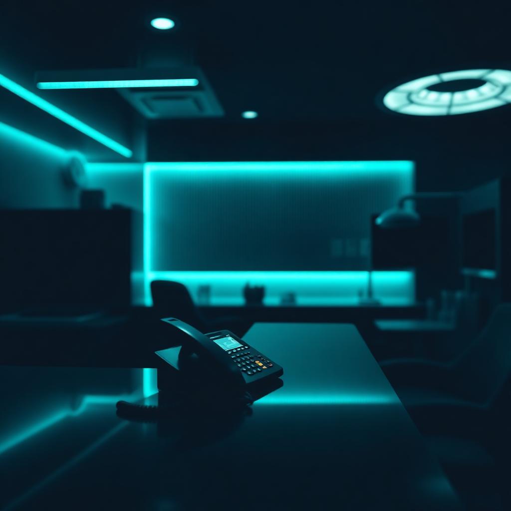 Dark cinematic dental office front desk with phone